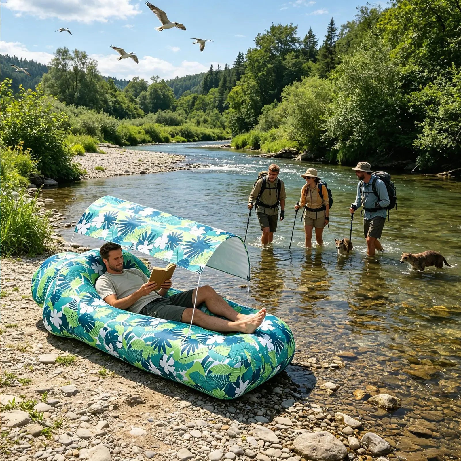 Beach Inflatable Lounger Pool Air Sofa With Sun Shade Easy To Set Up Hiking Lounger For Outdoor Camping Hiking Picnic Vacation Qme