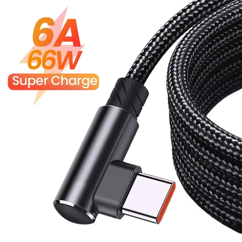 90 Degree Elbow Charger Cable 66W 6A Type C USB Fast Charging Cable for Gaming for Huawei Xiaomi 14 Redmi Honor OPPO Realme POCO Qme