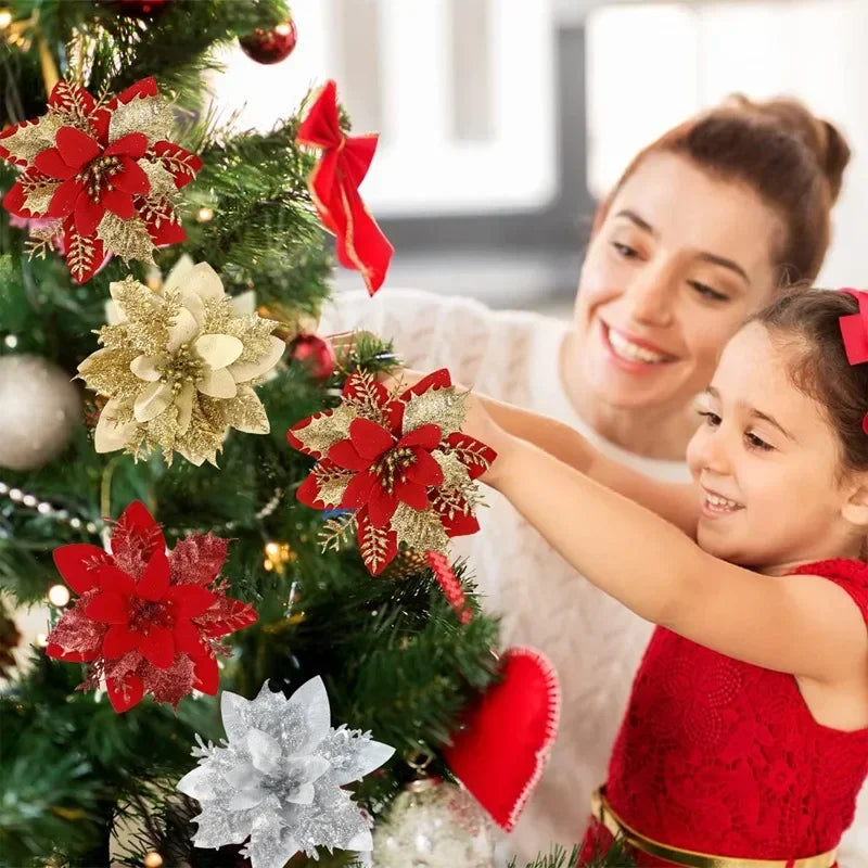 Glitter Christmas Flowers Xmas Tree Ornaments Christmas Decorations for Home 2025 Navidad Noel Natal Gifts New Year 2026 Qme