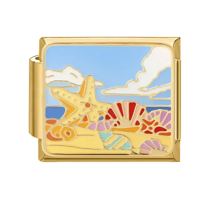Gold Spring Summer Colorful Starfish Beach Sky Flowers Italian Charm