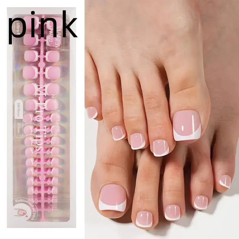160pcs Fake Toe Nail Tips Pink French Short Square Full Cover Natural Artificial Acrylic Fake Press On Toenails For Nail Salons Qme pink