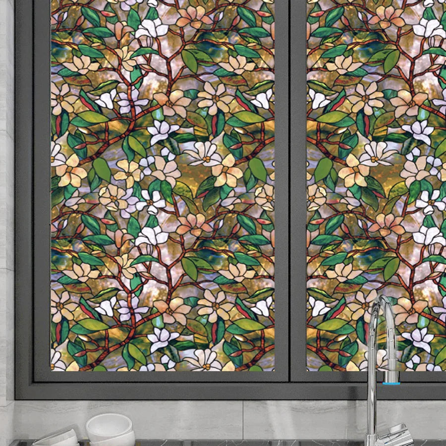 Window Privacy Film Static Film Magnolia Static PVC Privacy Protection Home Decoration Glass Foil for Window Door Cabinet Table Qme