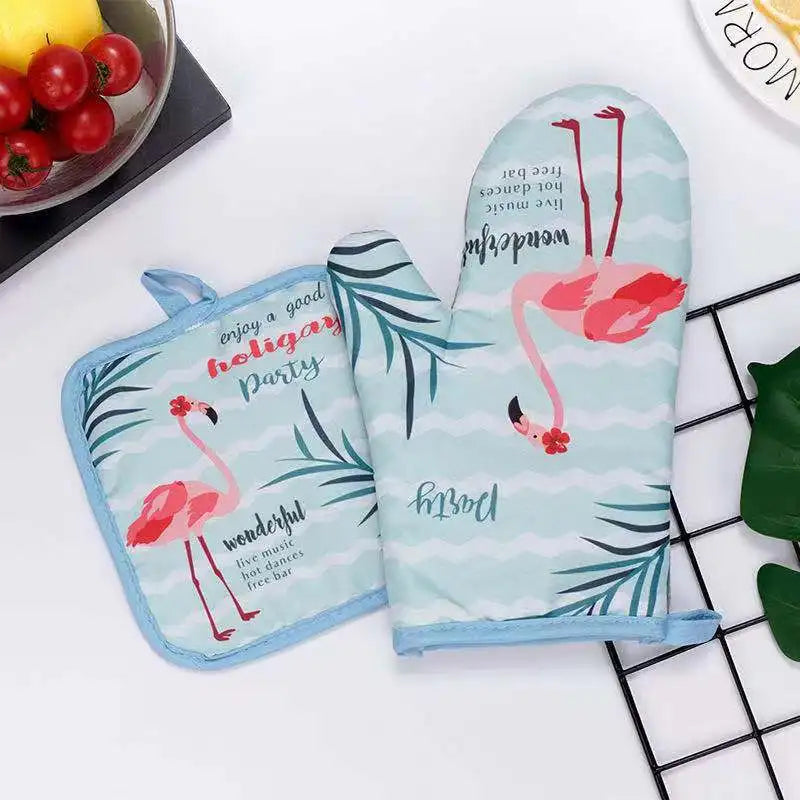 Kitchen Oven Gloves Flamingo Print Heat Resistant Anti-scald Mitts Qme blue