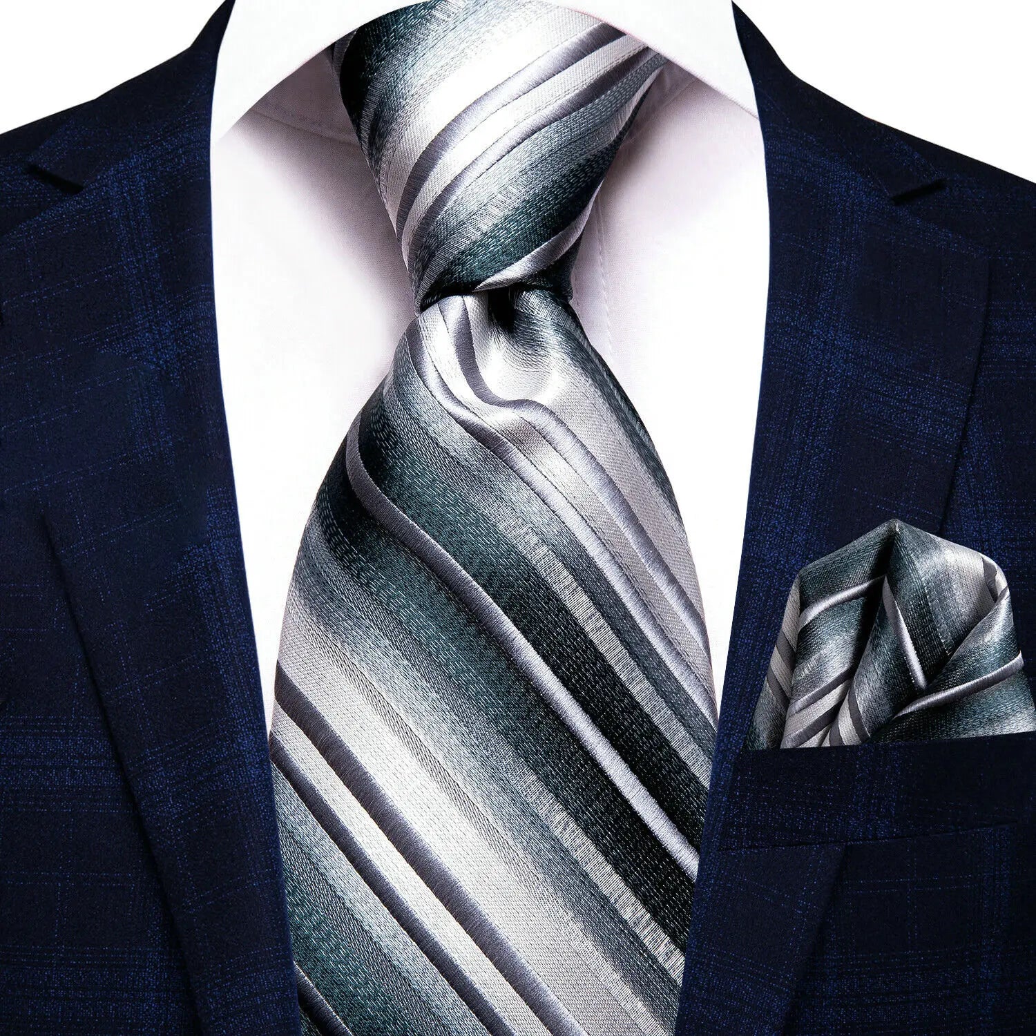 Grey Classic Men Necktie Pocket Square Formal Wedding Silk Business Qme N-3361