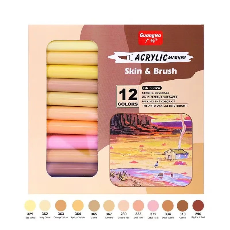12/24 Colors Skin Tone Acrylic Markers, Brush Tip, Art Marker for Permanent for Coloring Drawing & Illustration Art Supplies Qme 12 colors