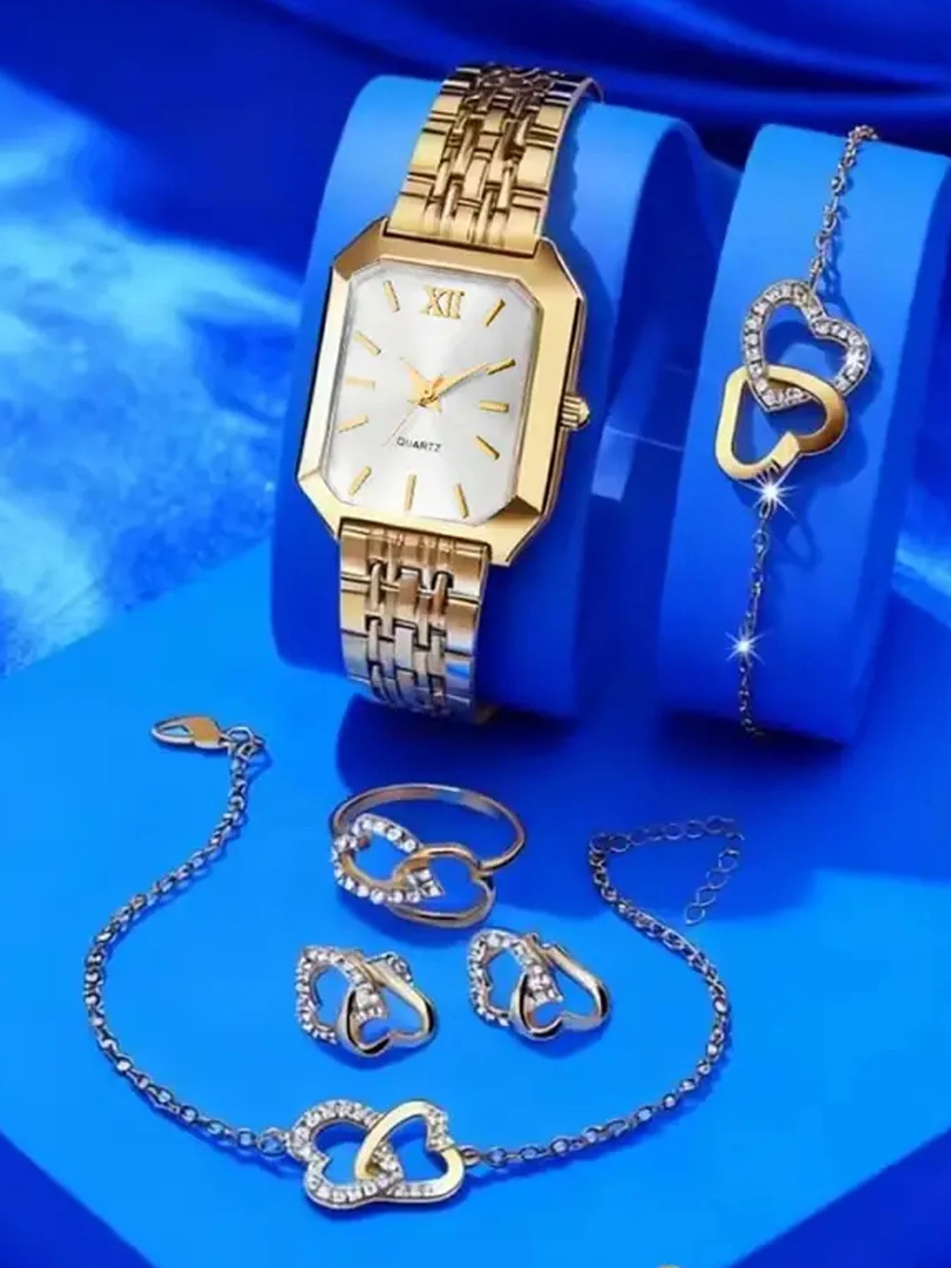 Light luxury steel strip women's watch pointer female student fashionable simple square quartz watch set Qme Coffee