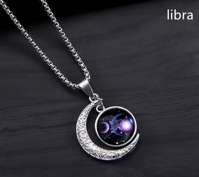 12 Constellation Luminous Necklace Zodiac Signs Jewelry Crescent Moon Pendant Glow In The Dark Necklace Birthday Gifts Unisex Qme Libra