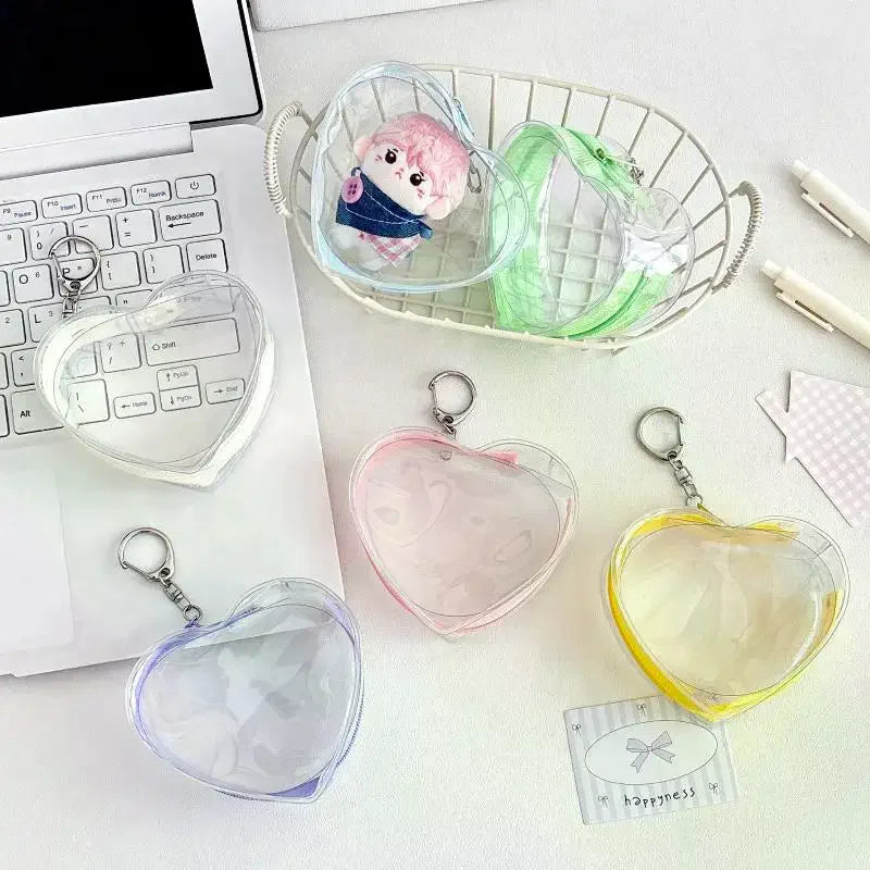 Portable Colorful Heart Transparent Zipper PVC Storage Bag Kaychain Qme