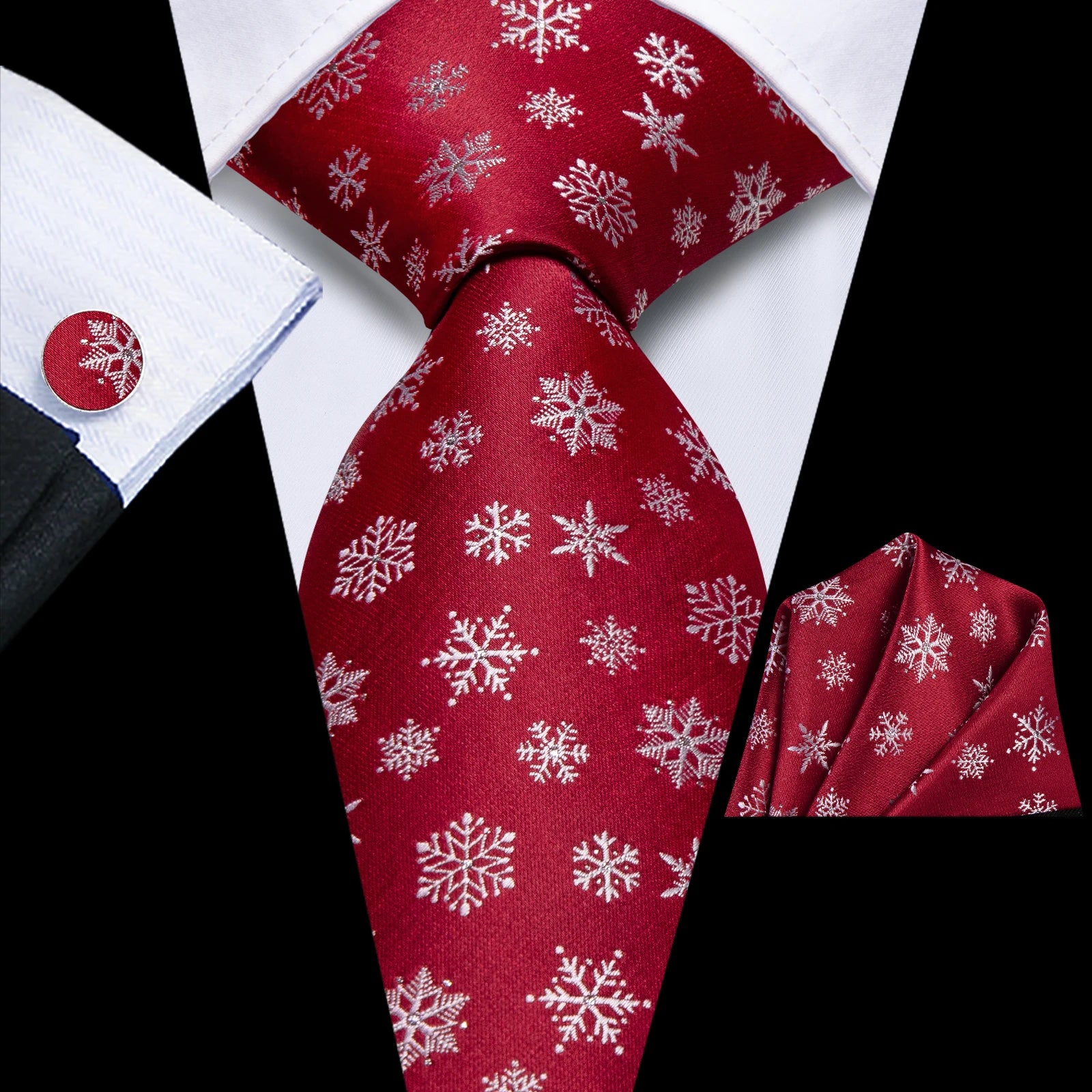 Christmas Red Tie Set 3 Pieces Men Necktie Pocket Square Cufflinks Xmas Wedding Party Suit Accessories Gifts for silk Boyfriend Qme HT-LDSN2066
