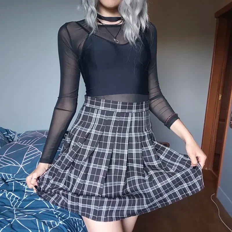 Black Sexy Women T Shirt See Through Transparent Punk Mesh Tops Long Qme