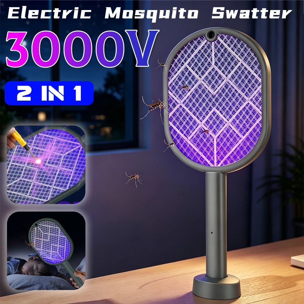 2-in-1 Electric Fly Swatter Insect Killer USB Rechargeable Detachable Handheld Automatic Tapping Mode Indoor and Outdoor Qme