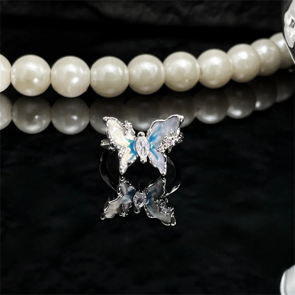 Exquisite Ice Blue Butterfly Open Ring, Fashionable Women's Simple Style Jewelry Party Cocktail Party Accessories Qme -1 resizable