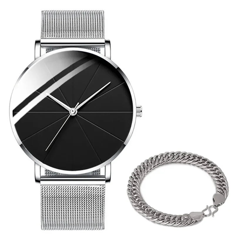 Minimalist Men's Fashion Watches Simple Men Business Ultra Thin Stainless Steel Mesh Belt Quartz Watch relogio masculino Qme 8