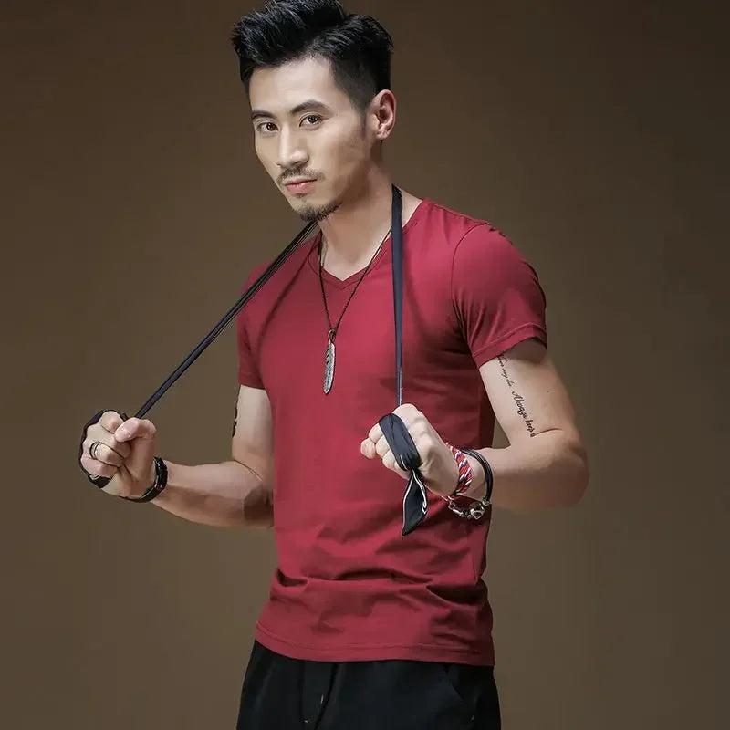 Plain Cotton Gym T-shirt Men Summer Fitness Clothing V-Neck Short Sleeve T Shirt Summer Comfortable Breathable Versatile Top Qme JH M