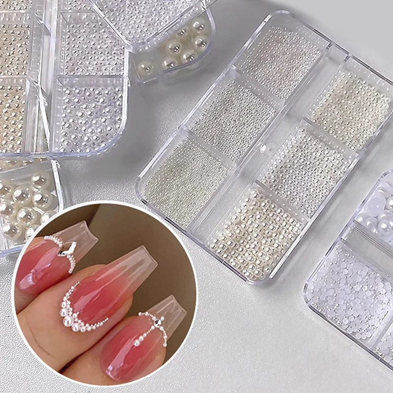 6 Grids Mini Pearl Nail Beads 0 6- Silver Stainless Jewelry Metal Qme