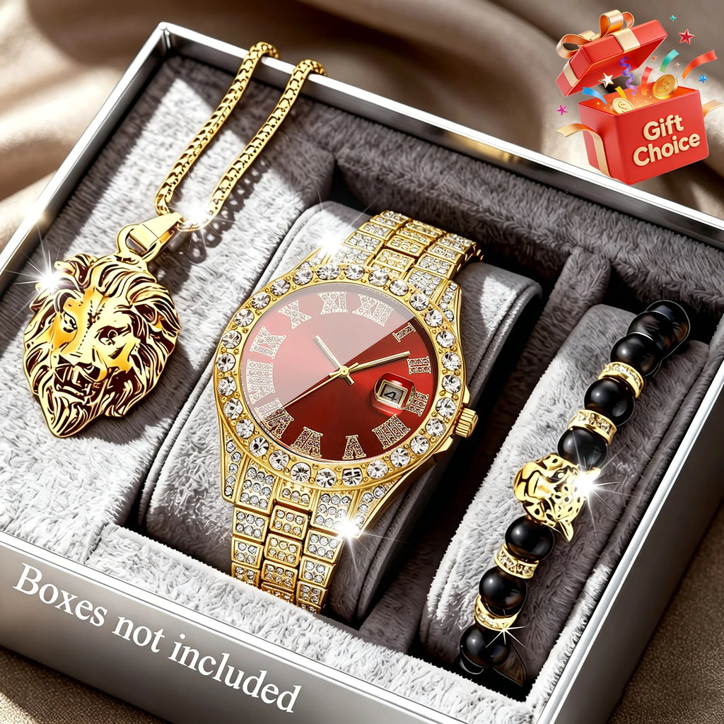 3Pcs/Set Men's Gold Iced Out Jewelry Set, Blue Dial Quartz Watch + Lion Head Pendant Necklace + Beaded Bracelet, Hip Hop Style Qme Red