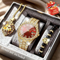 3Pcs/Set Men's Gold Iced Out Jewelry Set, Blue Dial Quartz Watch + Lion Head Pendant Necklace + Beaded Bracelet, Hip Hop Style Qme Red