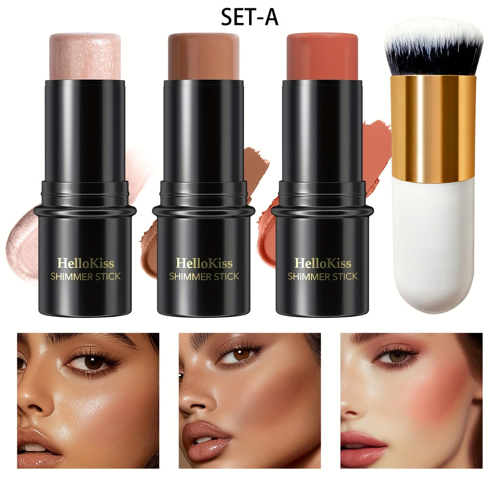 4pcs Contour Stick Set, Highlighter, Blush & Bronzer with Highlight Brush Long-Lasting, Perfect for Halloween & Graduation Gifts Qme 9504A-020-2