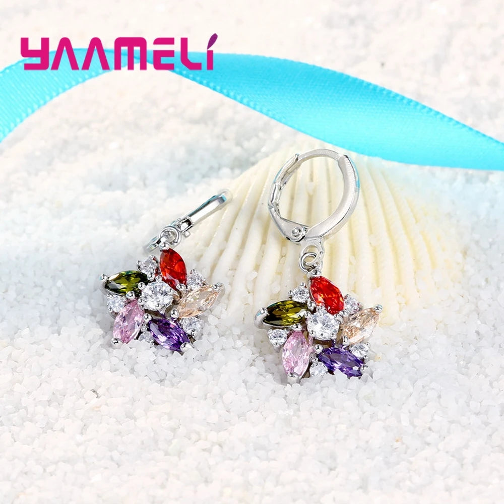 925 Sterling Silver Color Pendant Necklace Earrings Romantic Ethnic Style Windmill Shape Colorful/White Crystal Stone For Girl Qme