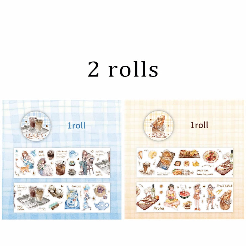Healing Lifestyle Decorative Tape With Girly and Food Themed Elements, Perfect for Junk Journal Crafting and Back-to-School Gift Qme 2 rolls-B