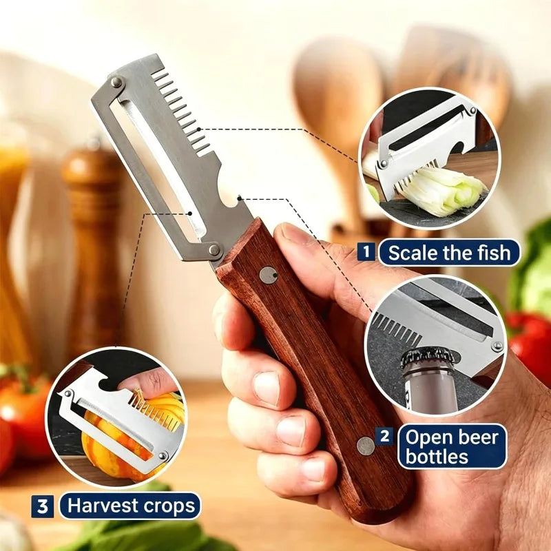 Stainless Steel Peeler with Wooden Handle 3-in-1 Fruit Potato Peeler with Bottle Opener Fruit and Vegetable Scraping Tool Qme