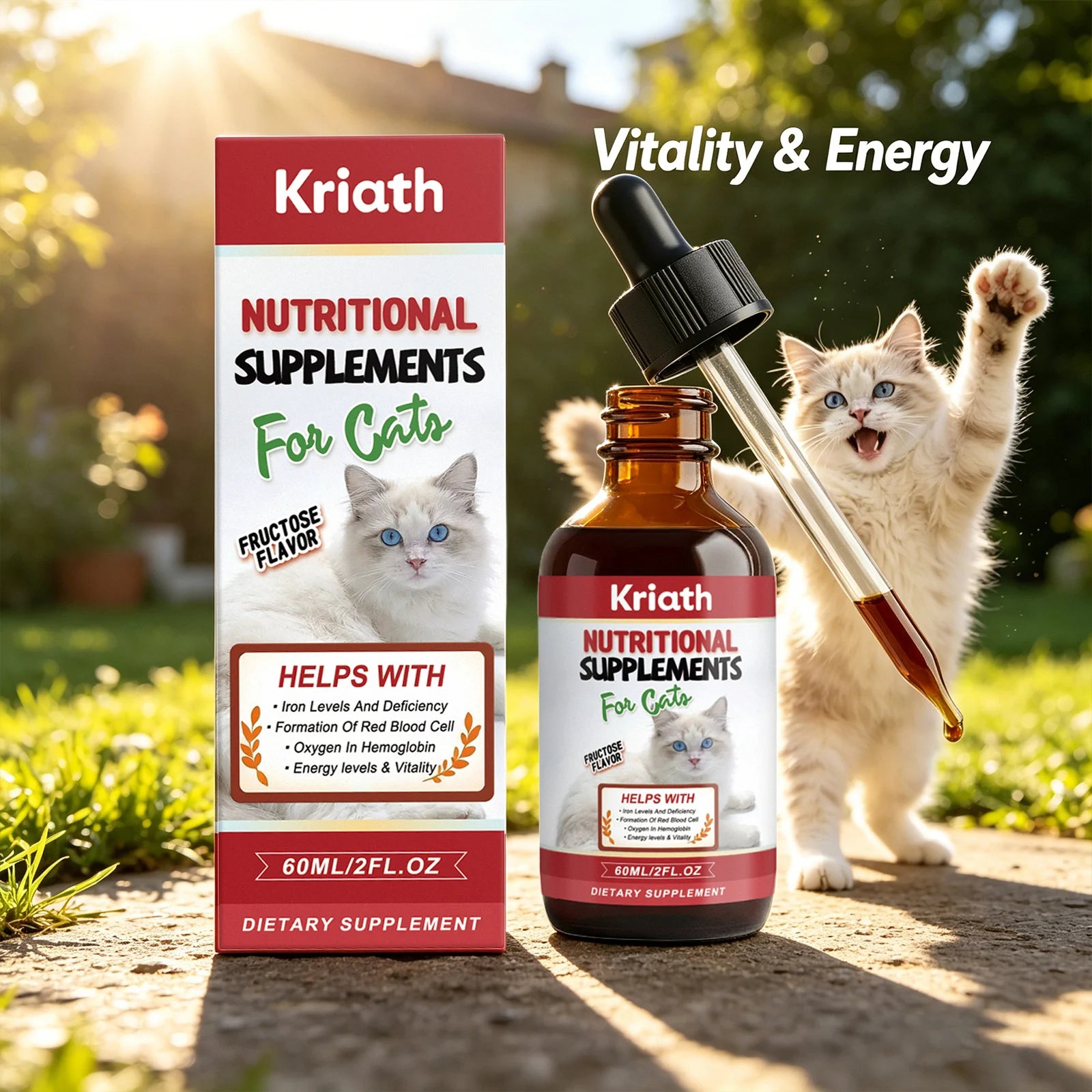 Kriath Cat Nutritional Supplement Drop Boost Energy Vitality & Red Blood Promote Healthy Growth Multivitamin Iron Support Liquid Qme