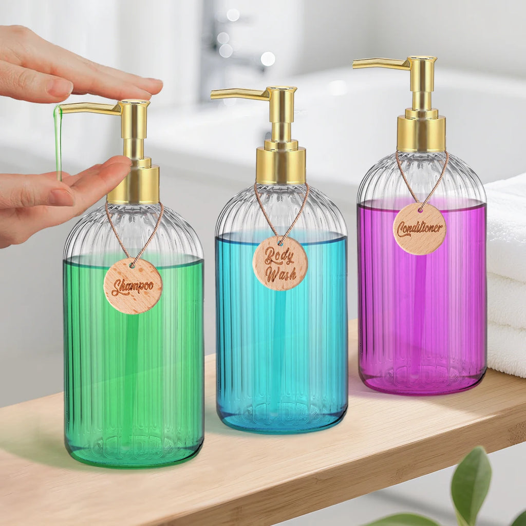 Set of 3 Refillable Shampoo and Conditioner Bottles, 16.9oz/500ml Elegant Guest Room Decoration Shampoo Dispenser with Gold Pump Qme