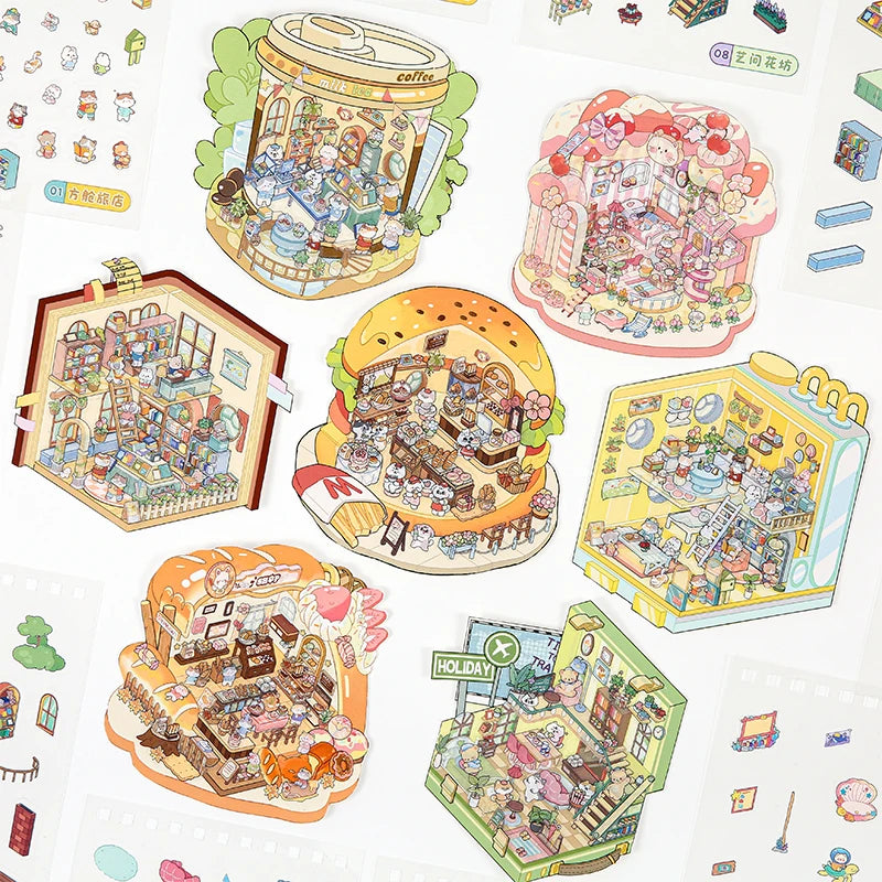 35 Pcs Scene Cartoon Diy 3D Landscape Sticker Book Cabin Scene Pocket Sticker Festival Birthday Gift to Student Kid Child Qme