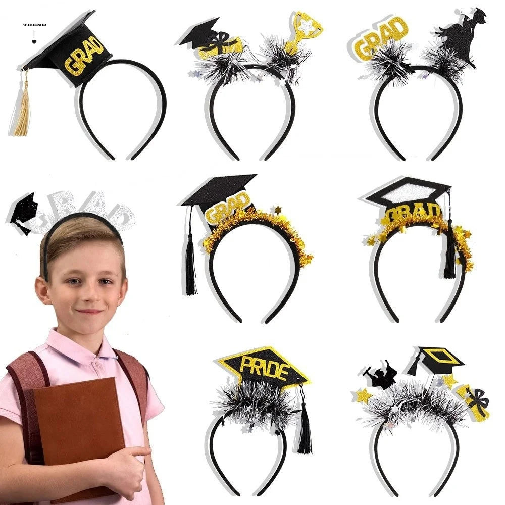 Celebrate Graduation Headband Non-slip Shiny Doctor Hat Hair Hoop with Tassels Glitter Graduation Cap Hairband Party Favors Qme