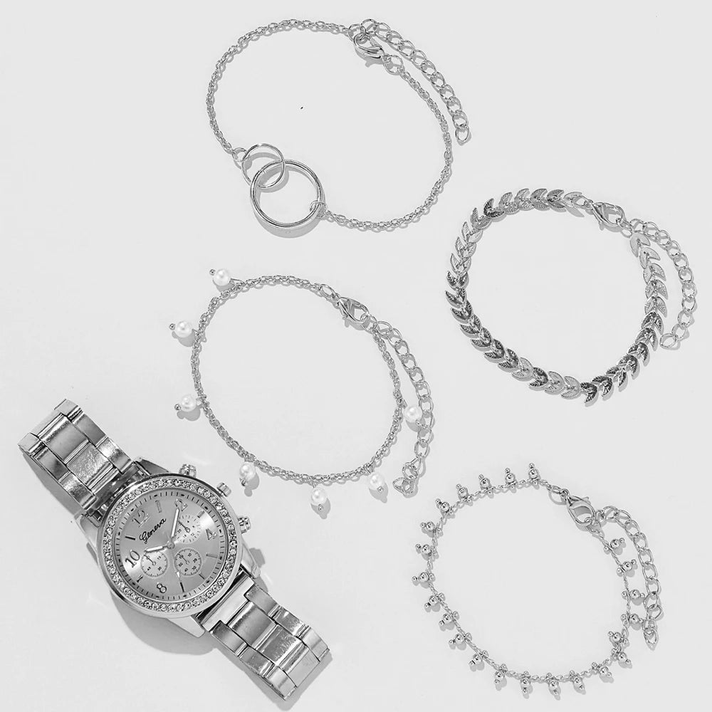 5PCS Quartz Watch Set Women Fashion Silver Round 3 Eyes Alloy Strap Wristwatch Gift Rhinestone Watch For Women Jewelry Set Qme