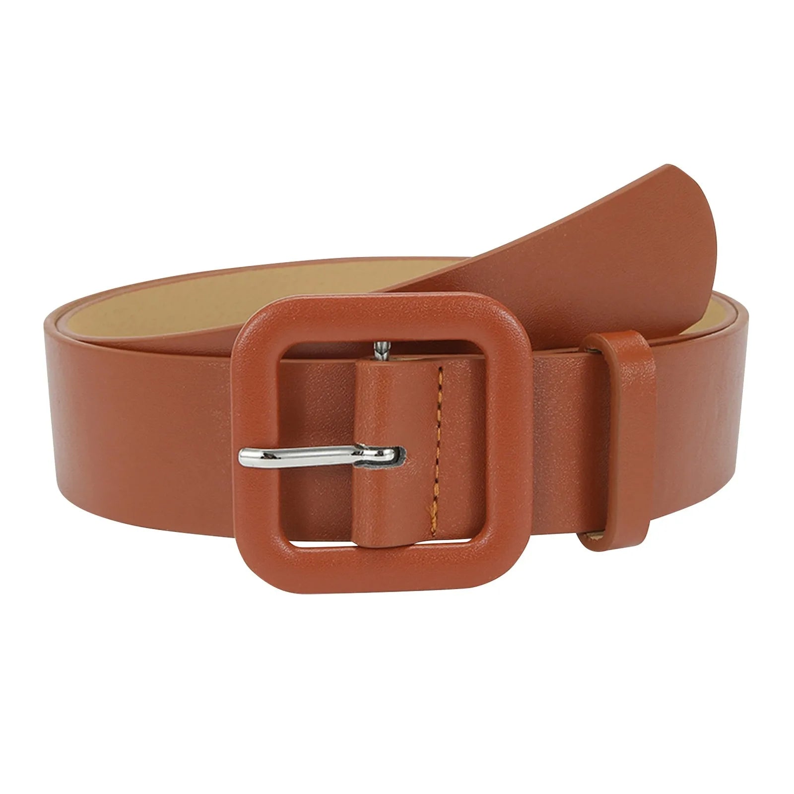 Ladies' Square Buckle Candy Colored Decorative Belt Fashionable Casual Versatile PU Leather Wide Belt Daily Dress Up Accessories Qme Camel