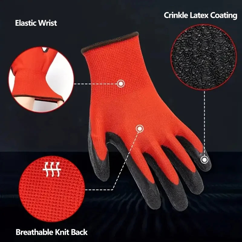 12Pairs Work Gloves Latex Rubber Coated Anti-Slip Waterproof Wear-Resistant Durable for Construction Industrial Use Qme