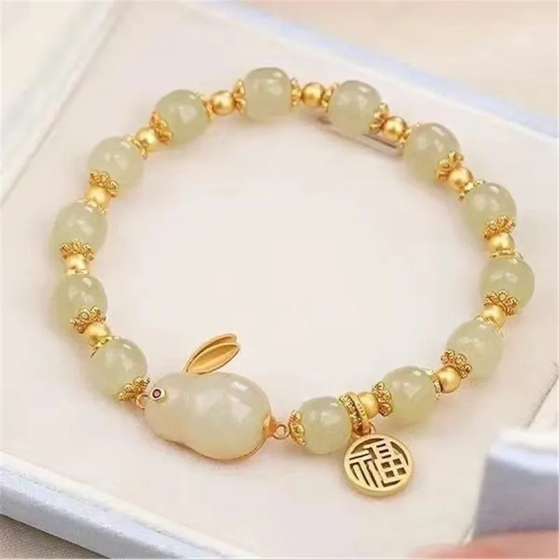 b05 Fu Character Jade Hare Imitation Hotan Jade Bracelet Fashion Women's Cute Rabbit Glass Beaded Bracelet Retro Jewelry Gifts Qme