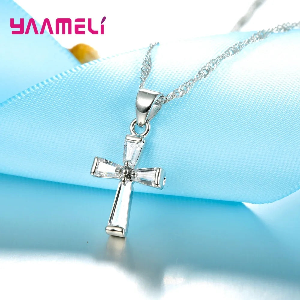 S925 Sterling Silver Color Jewelry Set Trendy Cross Cubic Zircon Necklace Earrings Chain Pendant for Women Nice Gift Qme