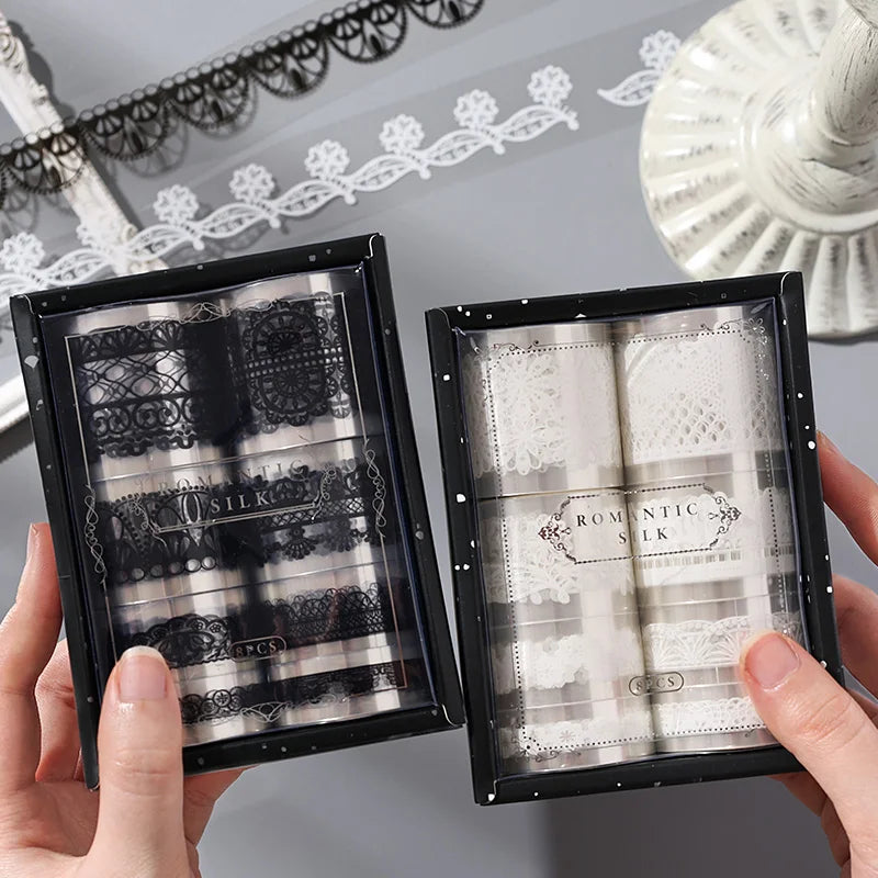 4 Rolls Black and white lace Washi Tape Set Decorative Scrapbppking Stickers Masking Tapes For DIY Planner Journal Stationery Qme