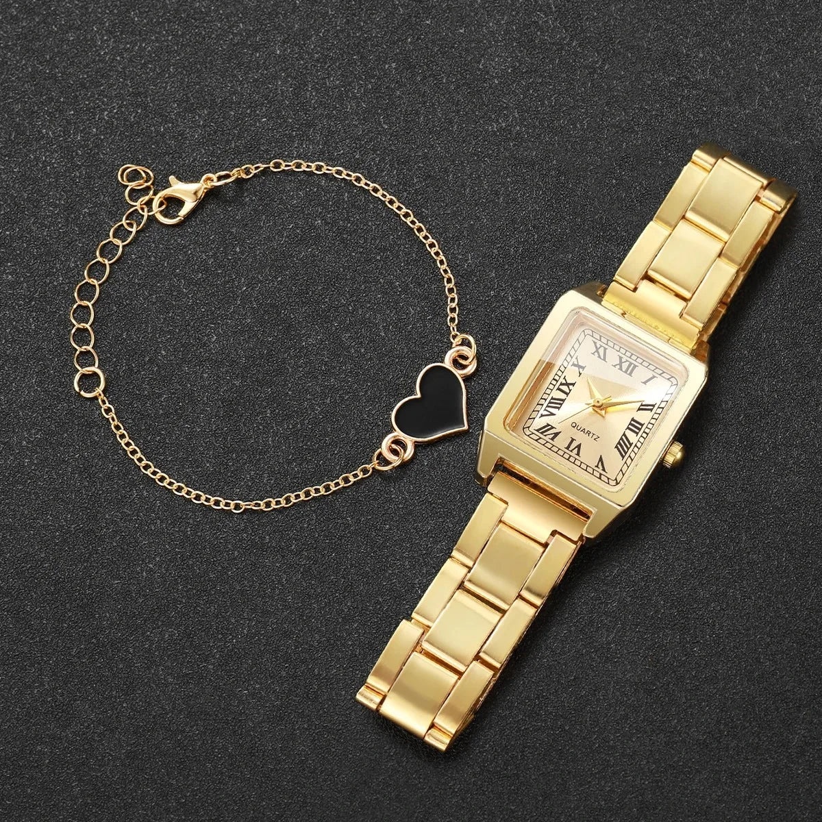 Luxury Gold Tone Women Watch Set Square Dial Quartz Wristwatch with Black Heart Charm Bracelet Female Dress Jewelry Gift Set Qme