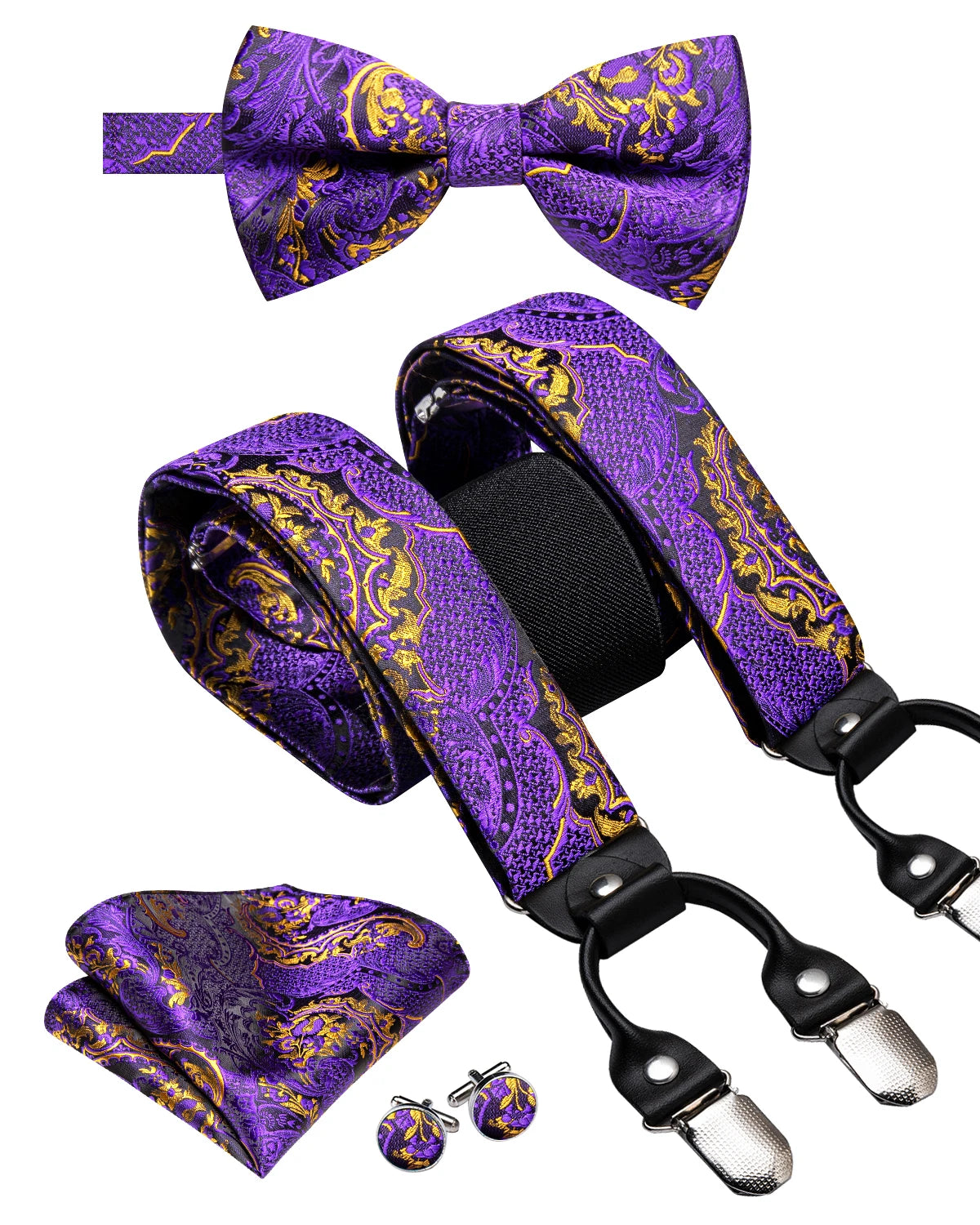 Hi-tie Jacquard Woven Silk Gold Mens Suspender Braces Bow Tie Hanky Qme BD-3070