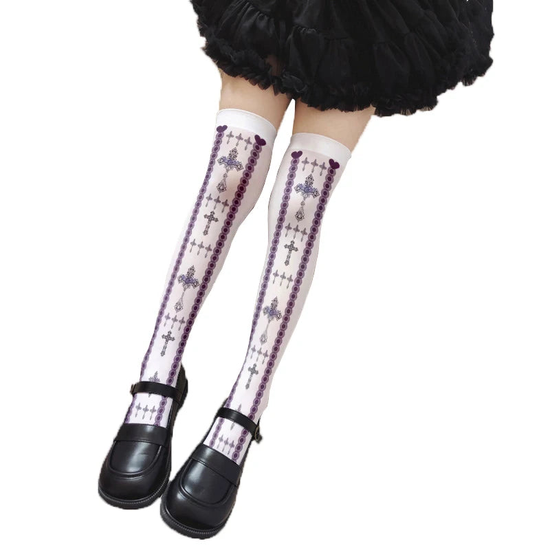 Cute Pink Princess Lolita Over Knee Stockings Love Bow Printed Girl Qme style22 One Size