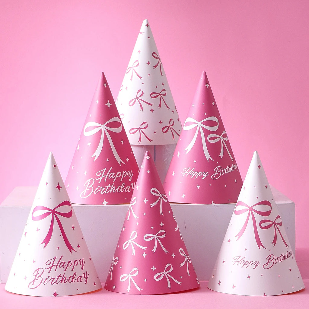 6 Pink Bow-Themed Party Paper Hats, Cute and Beautiful Pink Bow Designs, Suitable for Birthday Parties, Gender Reveal Parties, Birthday Gifts, Pink Bow Decoration Birthday Hats, Baby Party Photography Props, Party Favors, Gen Qme Hdj-6Pcs
