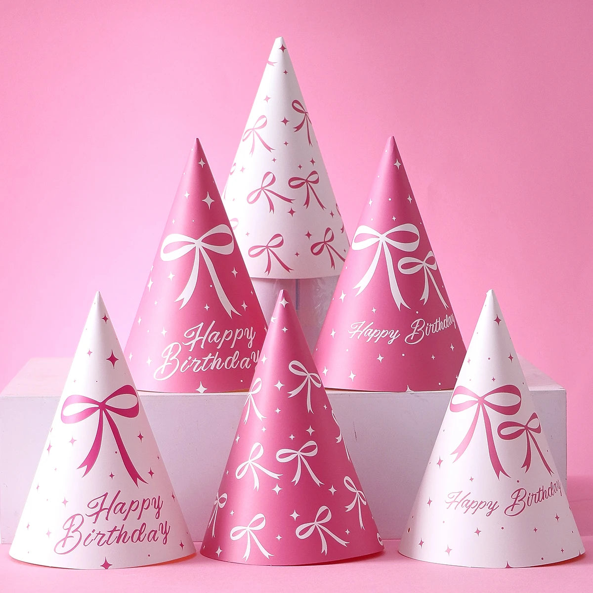 6 Pink Bow-Themed Party Paper Hats, Cute and Beautiful Pink Bow Designs, Suitable for Birthday Parties, Gender Reveal Parties, Birthday Gifts, Pink Bow Decoration Birthday Hats, Baby Party Photography Props, Party Favors, Gen Qme Hdj-6Pcs