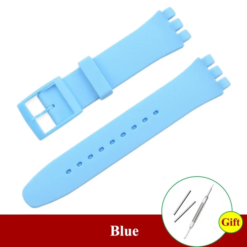 16mm 17mm 19mm 20mm Soft Silicone Bracelet Colorful Watchband for Swatch Watch Strap Replacement Watches Accessories with Tool Qme Light Blue 17mm