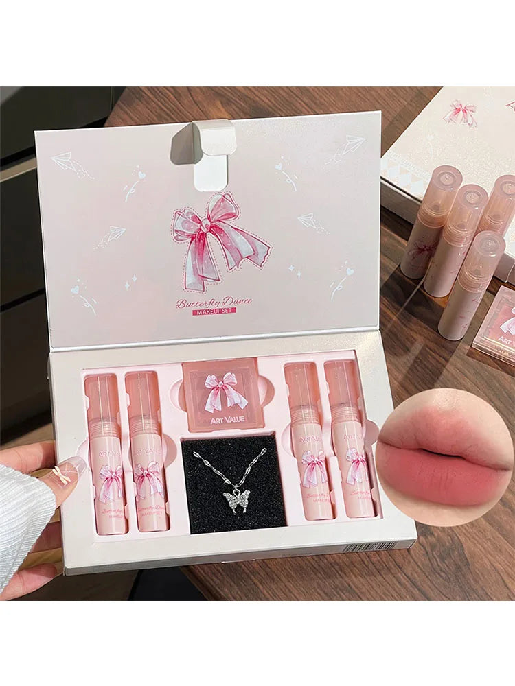 6Pcs/Box Matte Lipstick Set Lips Makeup Velvet Nude Lip Gloss Moisturizing Lip Glaze Face Blush Palette Makeup Set Necklace Gift Qme Lip Makeup Kits