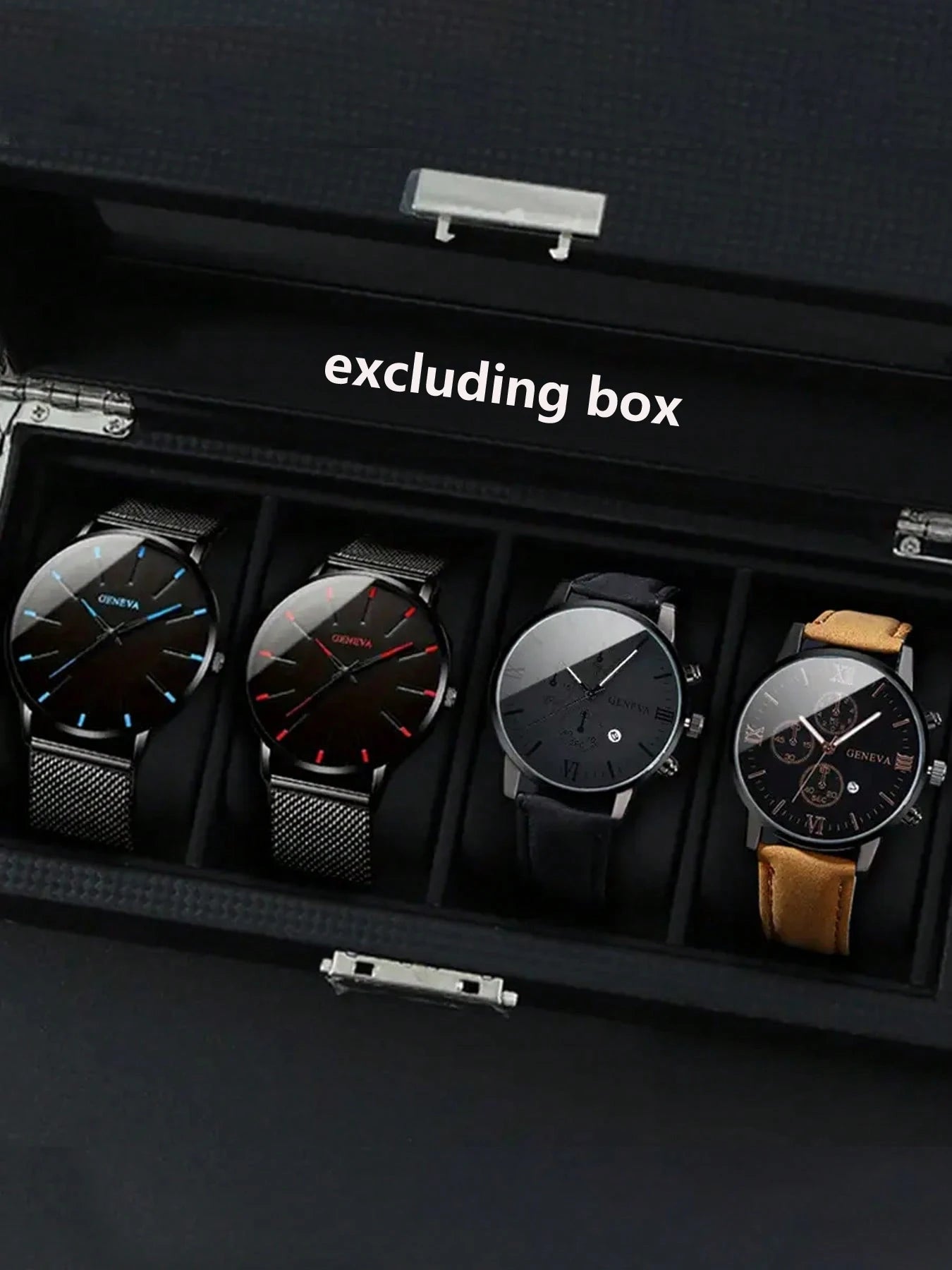 4pcs Business Casual Quartz Analog Single Calendar Leather Trendy Fashion Watch Black Premium Men's Quartz Watch Qme 4pcs 2