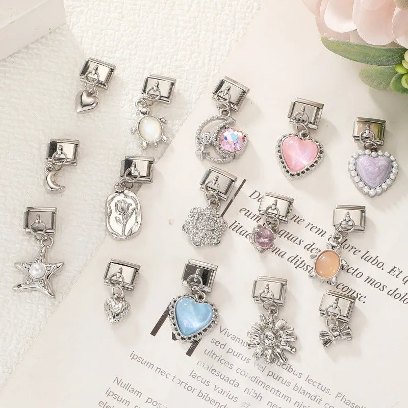 New Original Colored Crystal Turtle Moon Heart Italian Charm Stainless Steel Link Fit 9mm Modular Bracelet DIY Jewelry Wholesale Qme