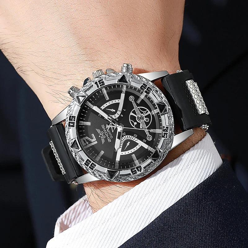Luxury Sport Men Quartz Watch Jewelry Kit, Hollow Dial Gold Accent Wristwatch Matching Cross Jewelry Present for Boys Qme