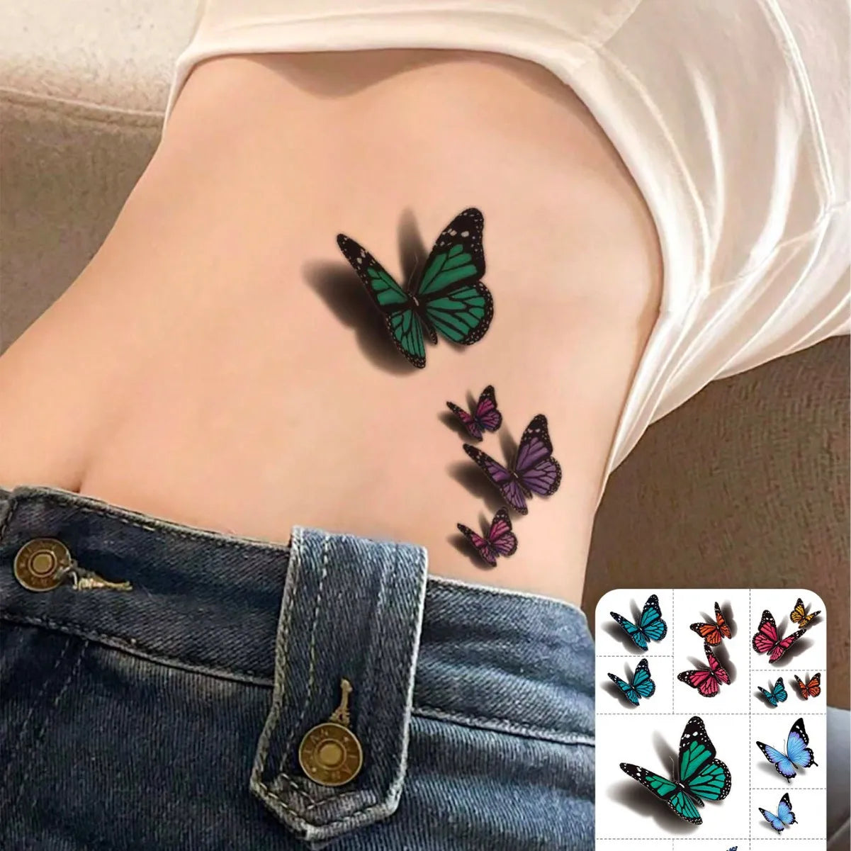 3D Color Gradient Butterfly Temporary Tattoo Stickers, Ins Style Realistic Body Art for Stomach & Arm, Waterproof Fake Tattoo Qme