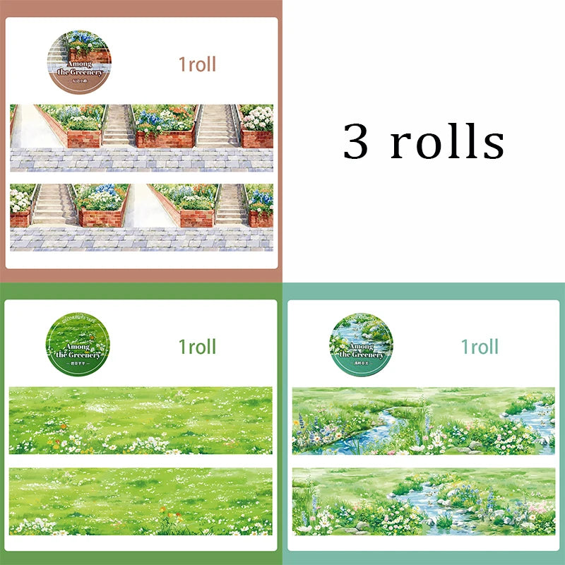 Spring & Summer Green Scenery Decorative Washi Tape Fresh Forest Landscape Tape, Junk Journals, and Polaroid Embellishment. Qme 3 rolls -A