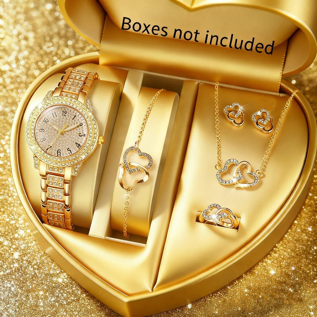 Luxury 5 In 1 Full Crystal Gold Watch Interlocking Heart Necklace Earrings Ring Bracelet Set Qme Gold C No Box