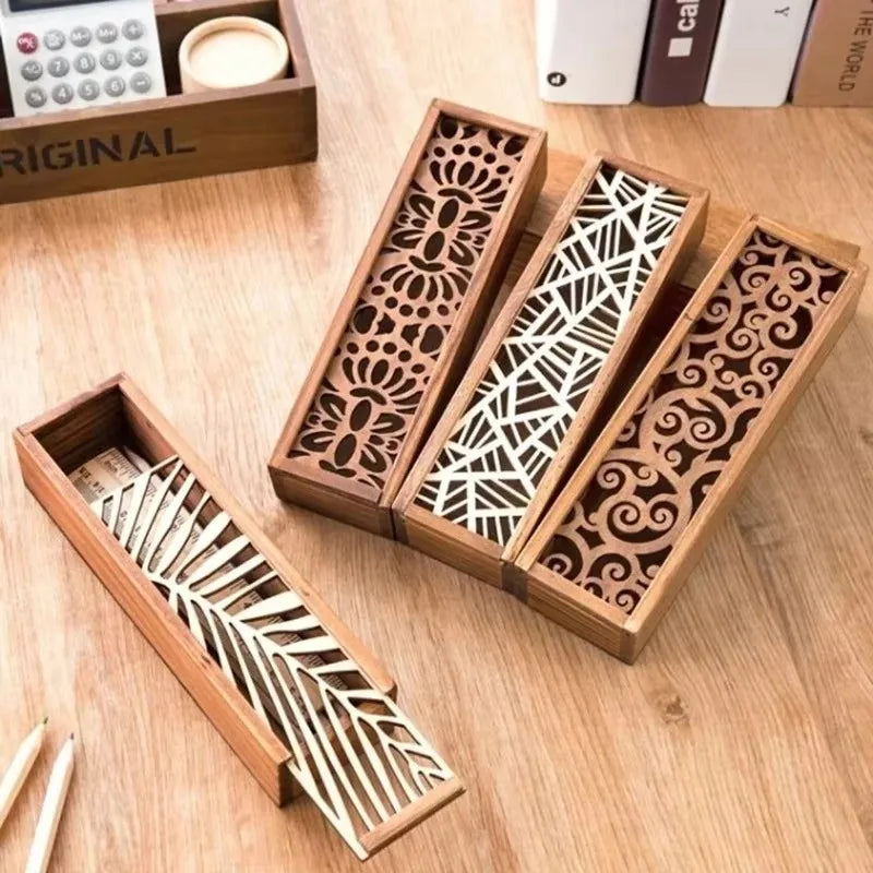 Retro Hollow Wooden Pencil Box Portable Storage Box Student Cute Multifunctional Stationery Desk Accessories School Supplies Qme