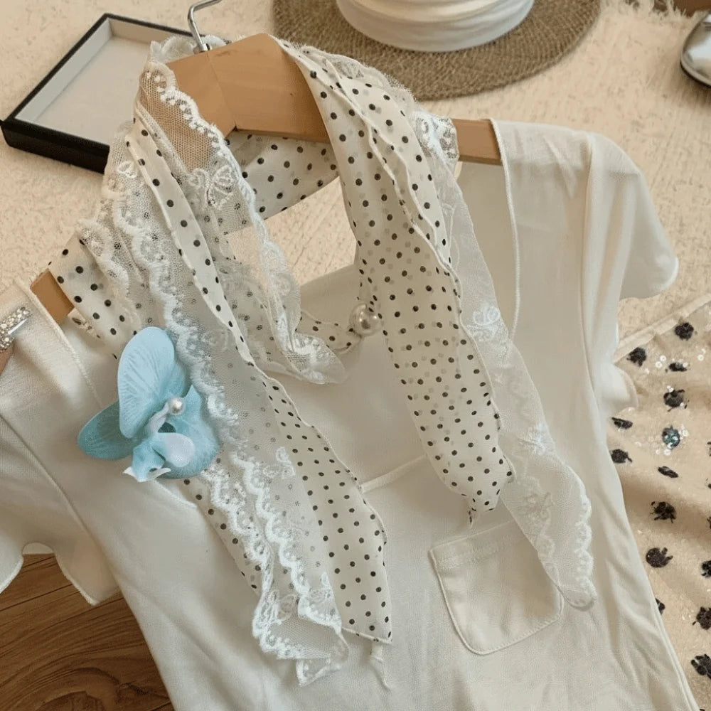 Fresh Multifuctional Geometric Pattern Belt Lace Thin Waist Accessories Polyester Vintage Polka Dot Chiffon Scarf Women Qme White